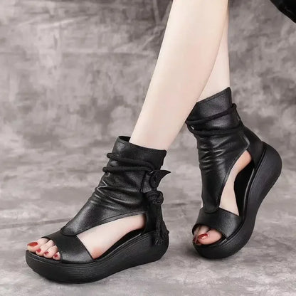 GKTINOO 2026 New Summer Black Women Leather Sandals Cool Boots Platform Shoes Wedges Sandals Women Shoes Fashion Outdoor Sandals