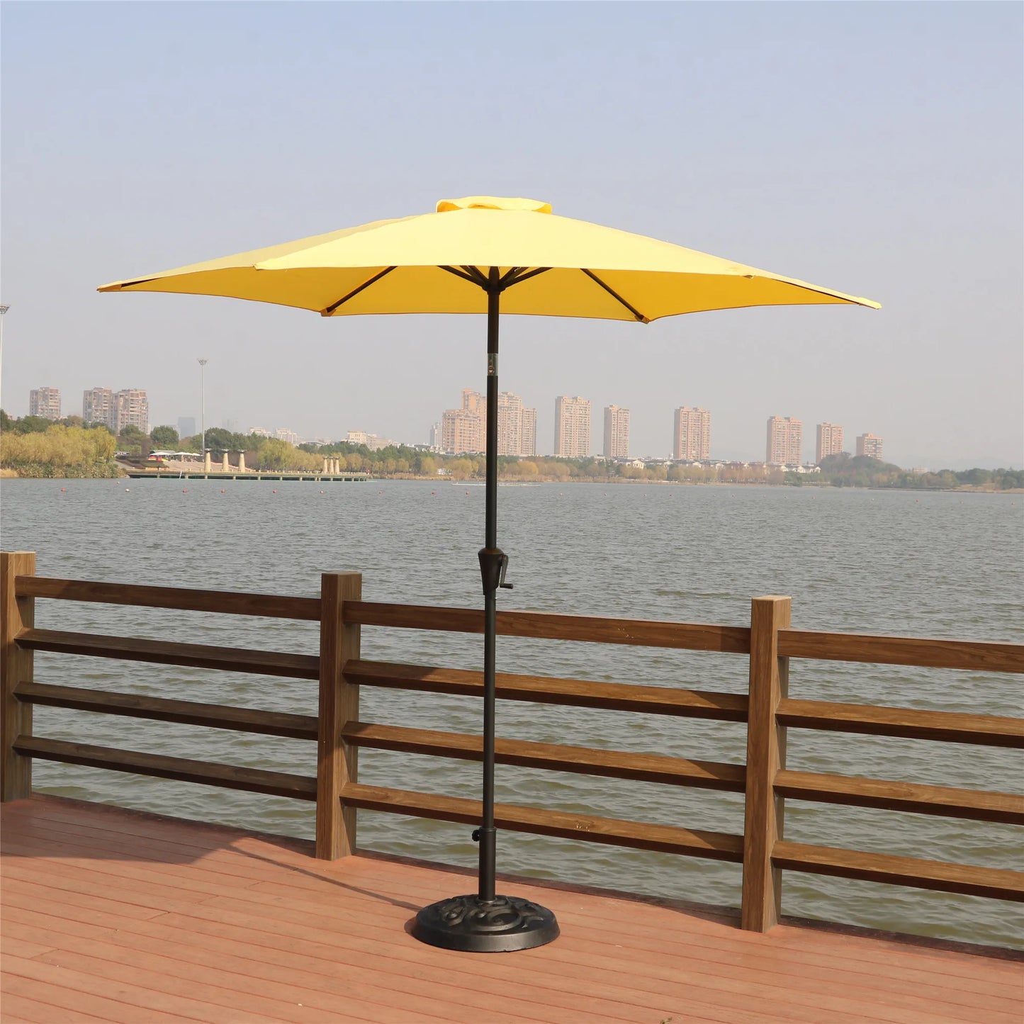 8.8 Feet Outdoor Aluminum Patio Umbrella Market Umbrella With 33 Pounds Round Resin Umbrella Base in Yellow