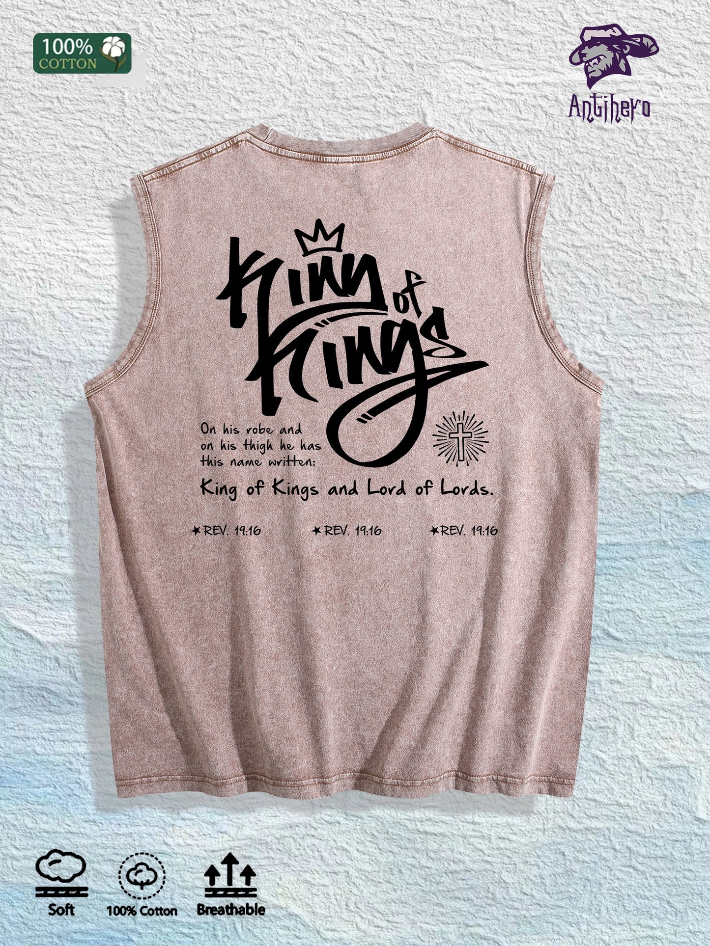 King of Kings Religious Graphic Washed Vest US Warehouse 3 Colors Cotton Tank