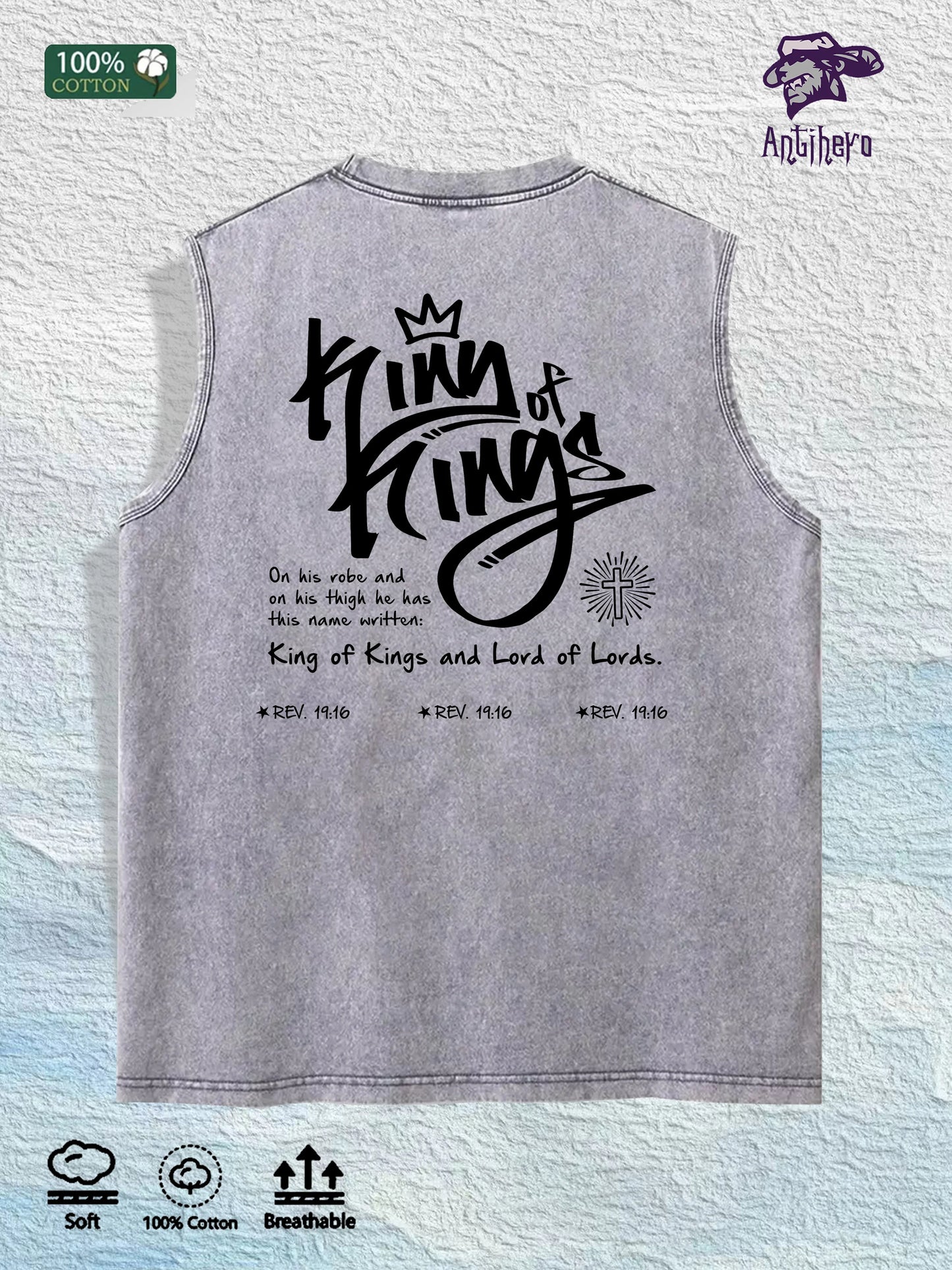 King of Kings Religious Graphic Washed Vest US Warehouse 3 Colors Cotton Tank