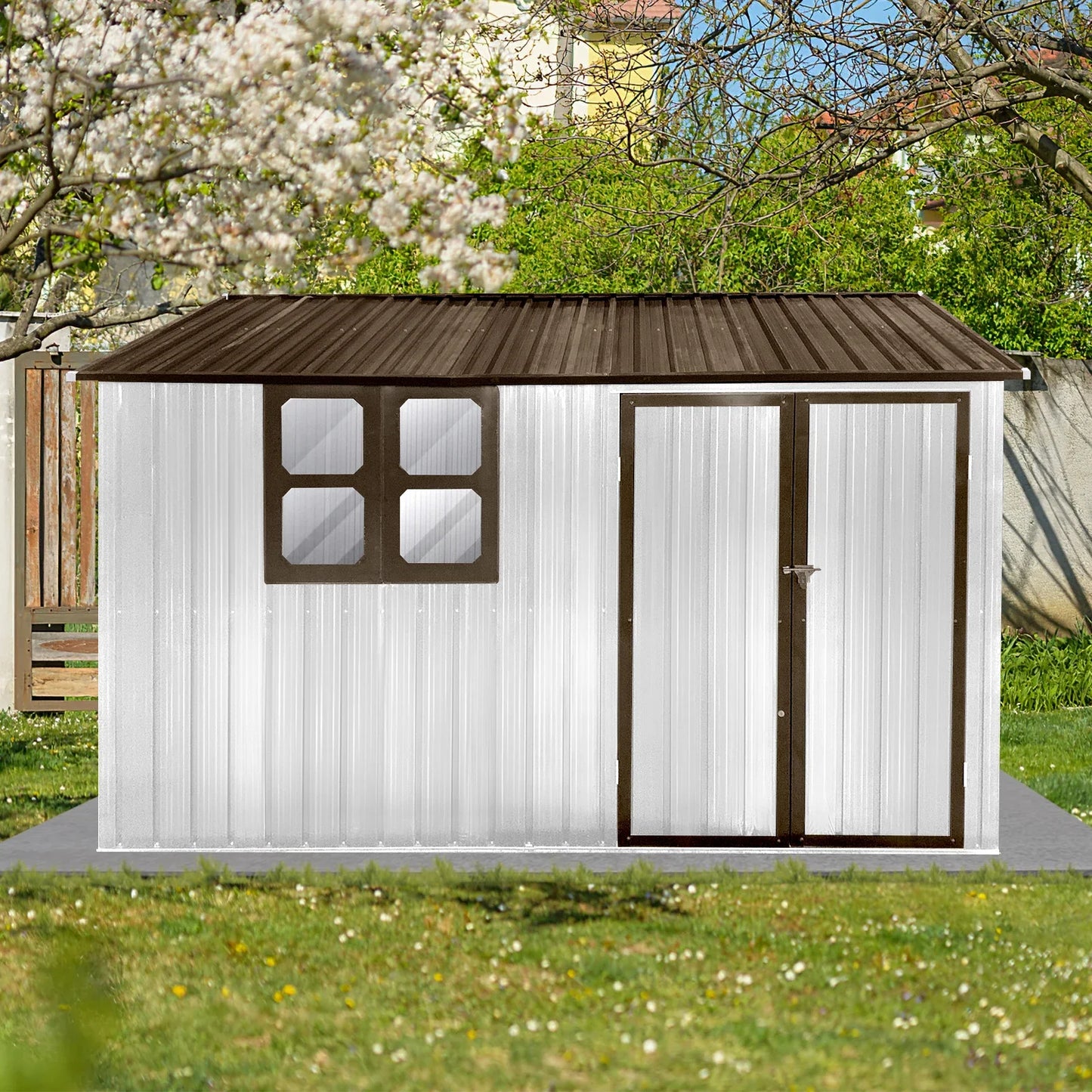 Outdoor Storage Sheds 10X8FT Apex Roof in Brown Roof+White Walls Without Foundation