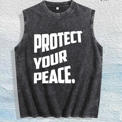 PROTECT YOUR PEACE Slogan Graphic Washed Vest US Warehouse 3 Colors Cotton Tank