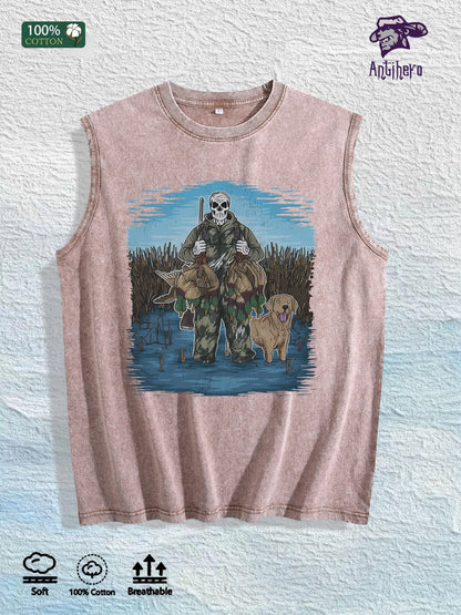 Hunting Skull & Dog Graphic Washed Vest US Warehouse 3 Colors Cotton Tank