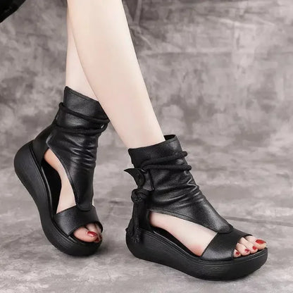 GKTINOO 2026 New Summer Black Women Leather Sandals Cool Boots Platform Shoes Wedges Sandals Women Shoes Fashion Outdoor Sandals
