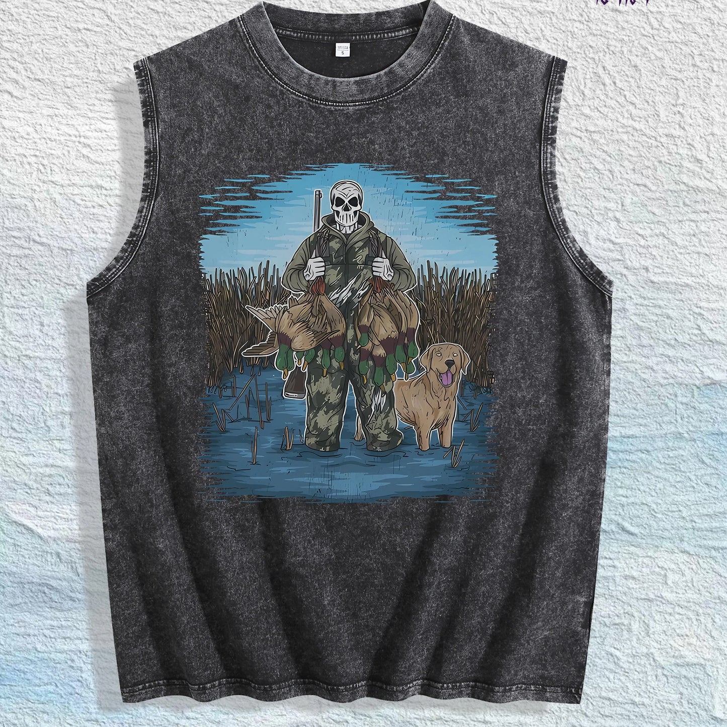 Hunting Skull & Dog Graphic Washed Vest US Warehouse 3 Colors Cotton Tank