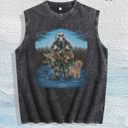 Hunting Skull & Dog Graphic Washed Vest US Warehouse 3 Colors Cotton Tank