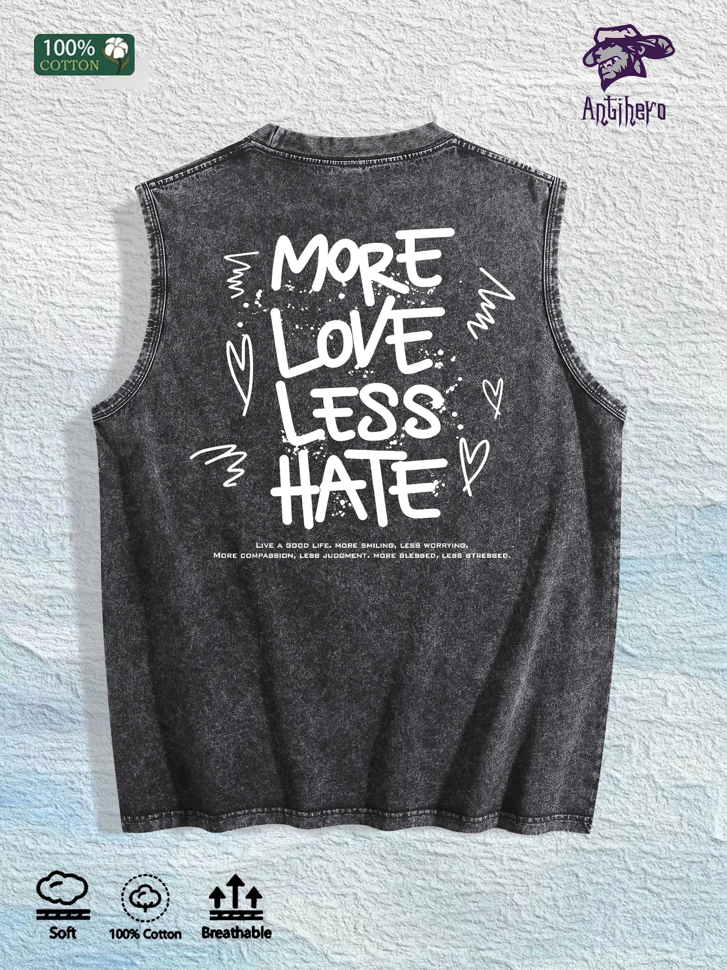 MORE LOVE LESS HATE Graphic Washed Vest US Warehouse 3 Colors Cotton Tank
