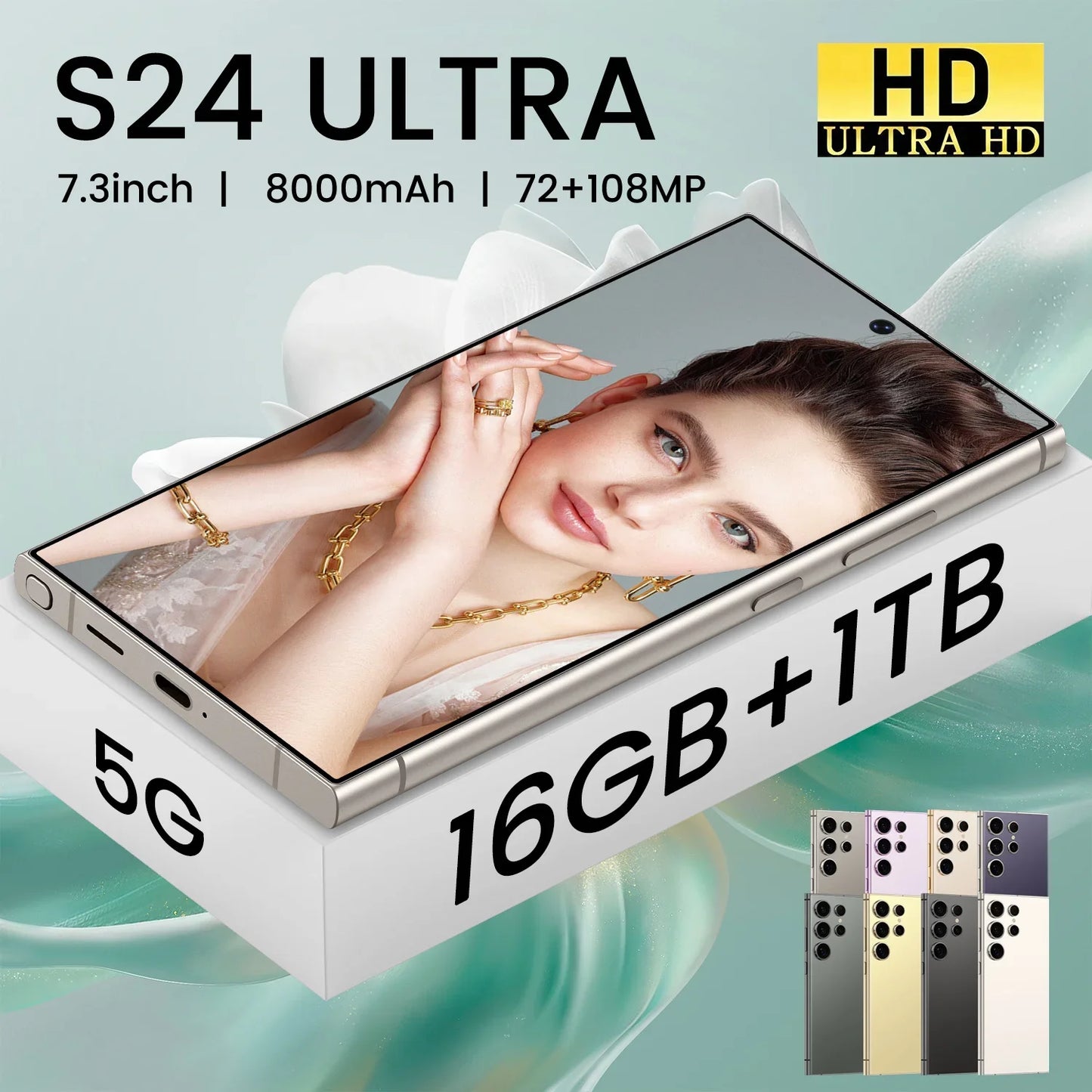 S24 Ultra 7.3 108MP Camera Phone with 8000mAh 65W Night Photography Features Dual SIM MTK Smart HD 2K Screen Face ID Recognition