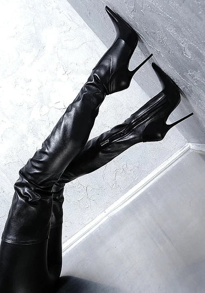 Botas mujer invierno black women shoes thigh high heel bota over the knee boots pointed toe long female motorcycle plus size47