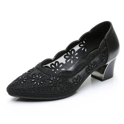 GKTINOO 2026 Summer Fashion Hollow Out Genuine Leather Pumps Women Shoes Med Heels Square Heel Mesh Ladies Office Shoes Crystal