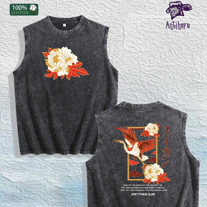 Oriental Peony & Crane Graphic Washed Vest US Warehouse 3 Colors Cotton Tank