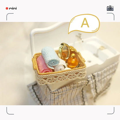 Mini Simulation Dollhouse Bathroom Set Towel Rack Bed Shower Faucet Bathtub Doll House Furniture Toys for Baby Accessories