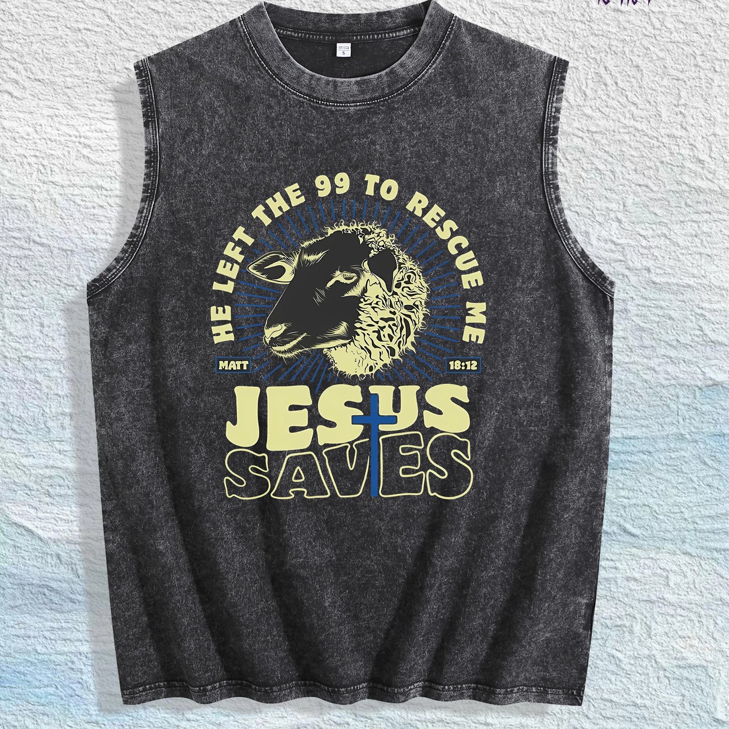 Biblical Jesus Saves" Sheep Graphic Washed Vest US Warehouse 3 Colors Cotton Tank