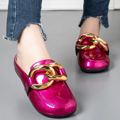 Women Slippers Gold Chain Closed Toe Slip On Mullers Shoes Round Toe Low Heels Casual Slides Flip Flop Brand Designer Shoes