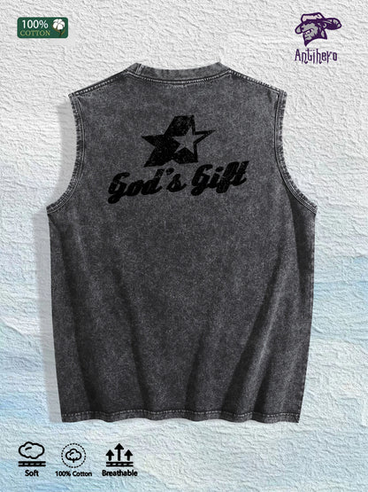 God s Gift Graphic Washed Vest US Warehouse 3 Colors Cotton Tank