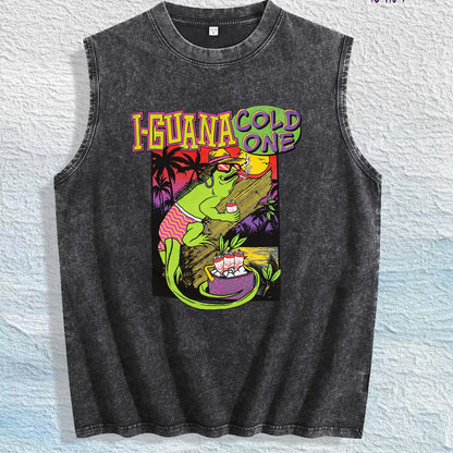 I - GUANA COLD ONE Graphic Washed Vest US Warehouse 3 Colors Cotton Tank