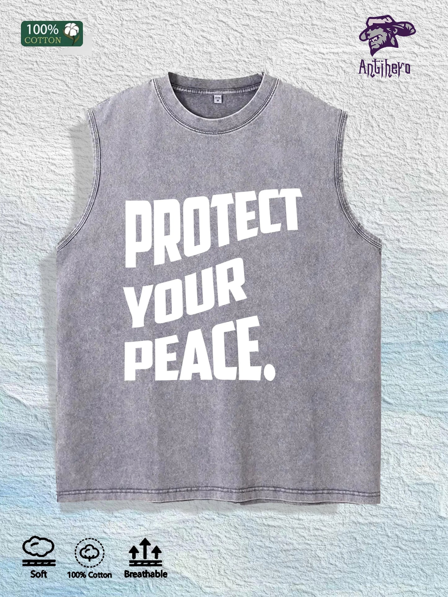 PROTECT YOUR PEACE Slogan Graphic Washed Vest US Warehouse 3 Colors Cotton Tank