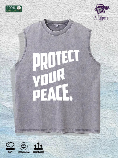 PROTECT YOUR PEACE Slogan Graphic Washed Vest US Warehouse 3 Colors Cotton Tank