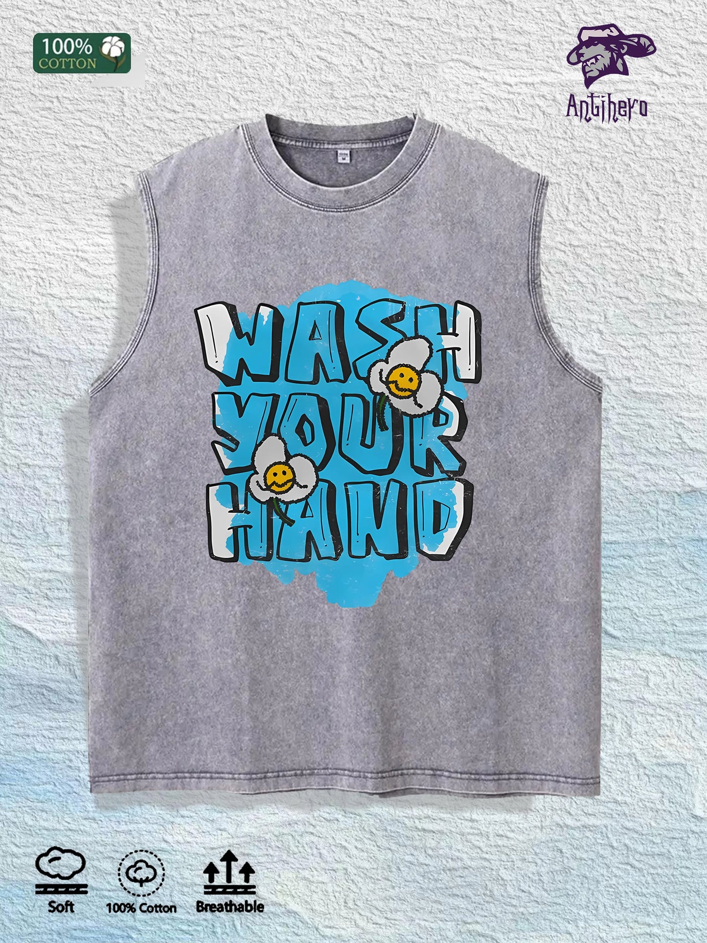 WASH YOUR HAND Graphic Washed Vest US Warehouse 3 Colors Cotton Tank