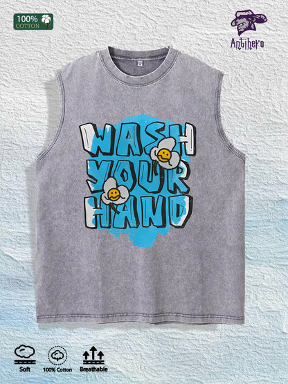 WASH YOUR HAND Graphic Washed Vest US Warehouse 3 Colors Cotton Tank