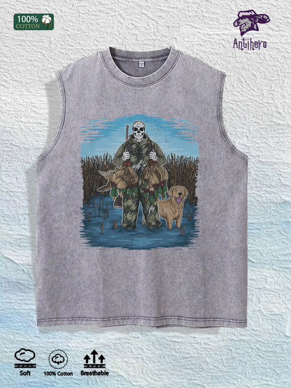 Hunting Skull & Dog Graphic Washed Vest US Warehouse 3 Colors Cotton Tank
