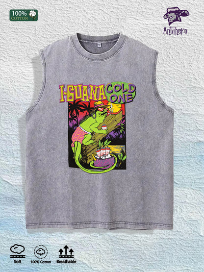 I - GUANA COLD ONE Graphic Washed Vest US Warehouse 3 Colors Cotton Tank