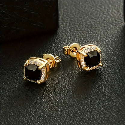 USA Warehouse Square Black Diamond Stud Christmas Gifts Jewelry Men Women 5A Cubic Zirconia 14K Gold Plated Rectangle CZ Earring