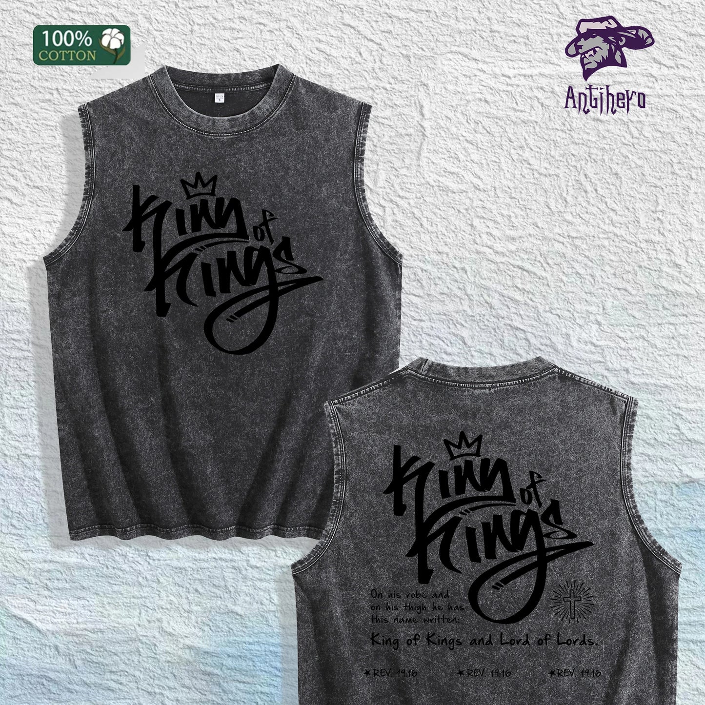 King of Kings Religious Graphic Washed Vest US Warehouse 3 Colors Cotton Tank