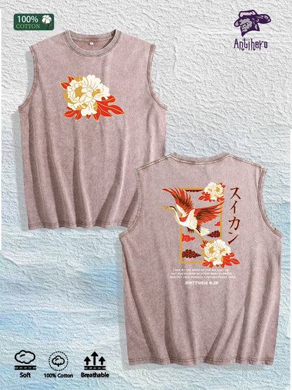 Oriental Peony & Crane Graphic Washed Vest US Warehouse 3 Colors Cotton Tank