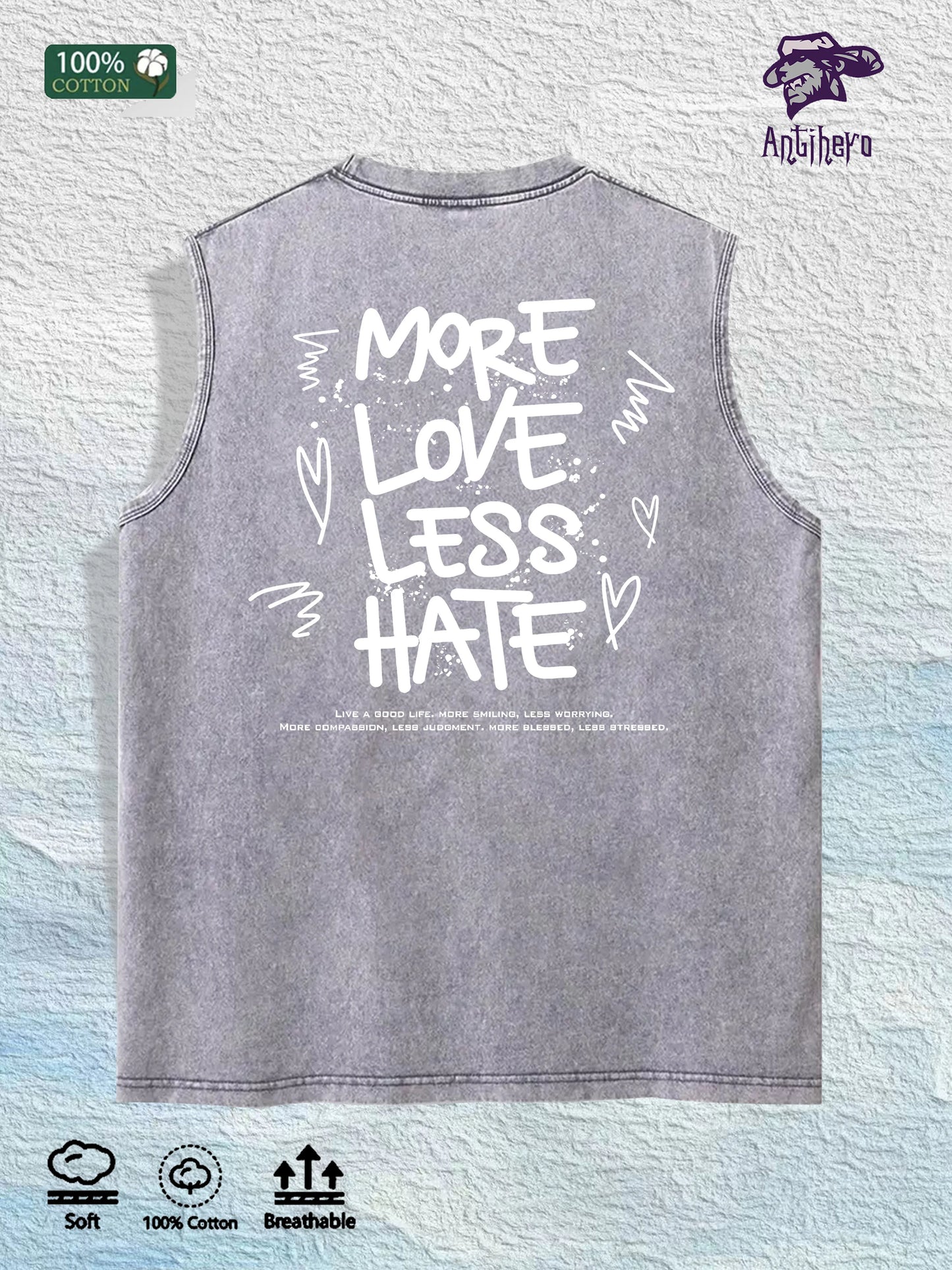 MORE LOVE LESS HATE Graphic Washed Vest US Warehouse 3 Colors Cotton Tank