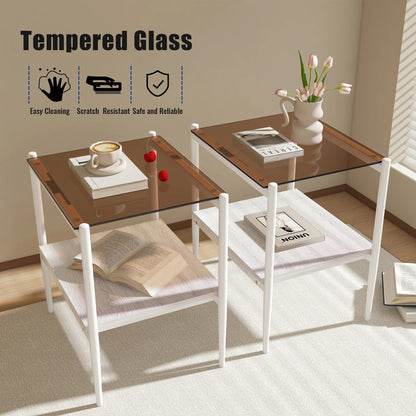 New Two White Side Tables Sets Tempered Glass Tabletop with MDF Layer for Living Room Furniture
