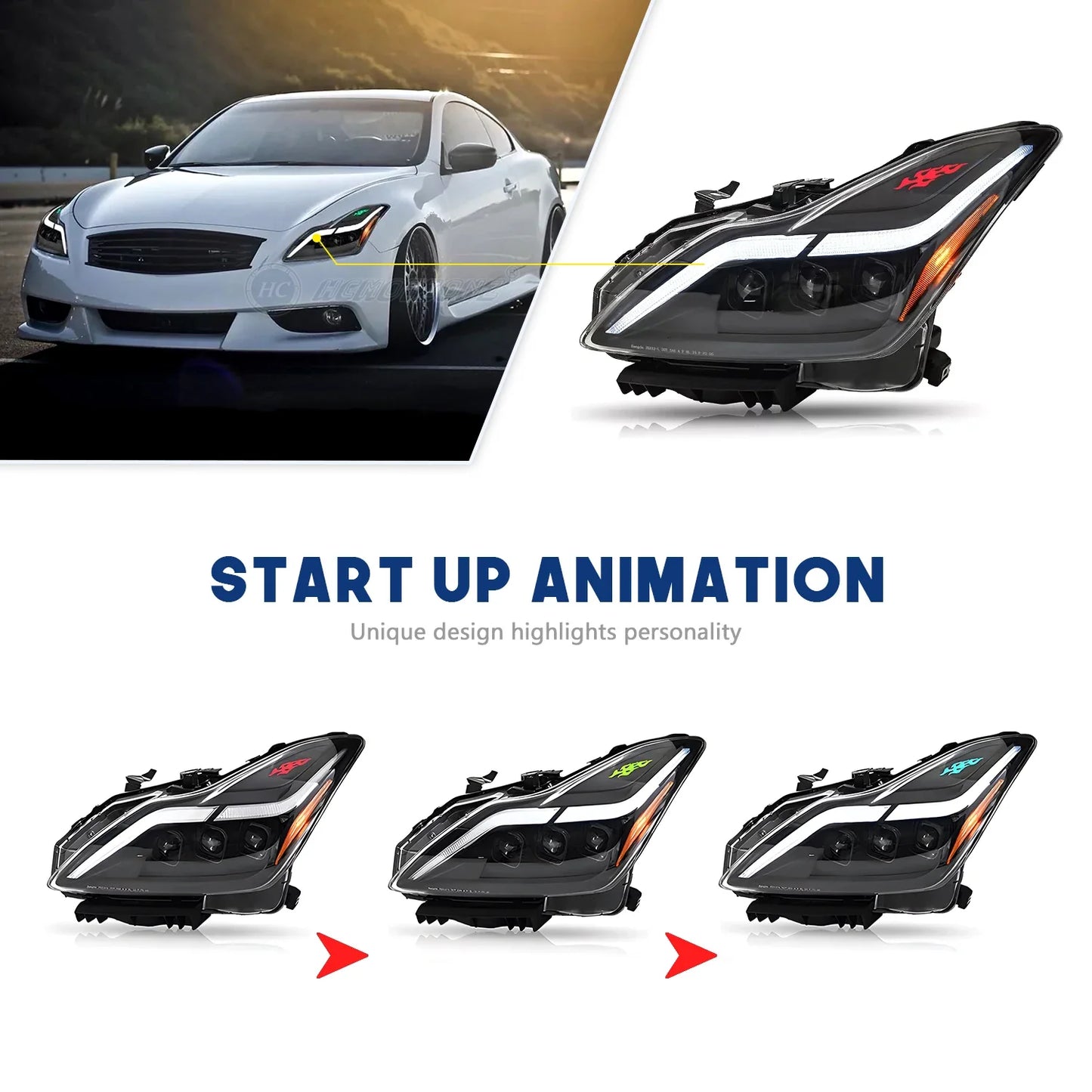 HCMOTIONZ LED Headlights for Infiniti G37 2008-2013 Start up Animation Q60 Coupe Convertible 2014-2015 Front Lamps Two Doors Car