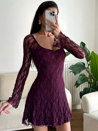 Women Clothing Autumn Winter Women Dress Sexy Square-Neck Lace Long Sleeve Slim Fit Sheath Dress Women