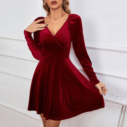 Autumn Winter V neck Waist A line Dress Sexy Velvet Dress Cocktail Dress Dress