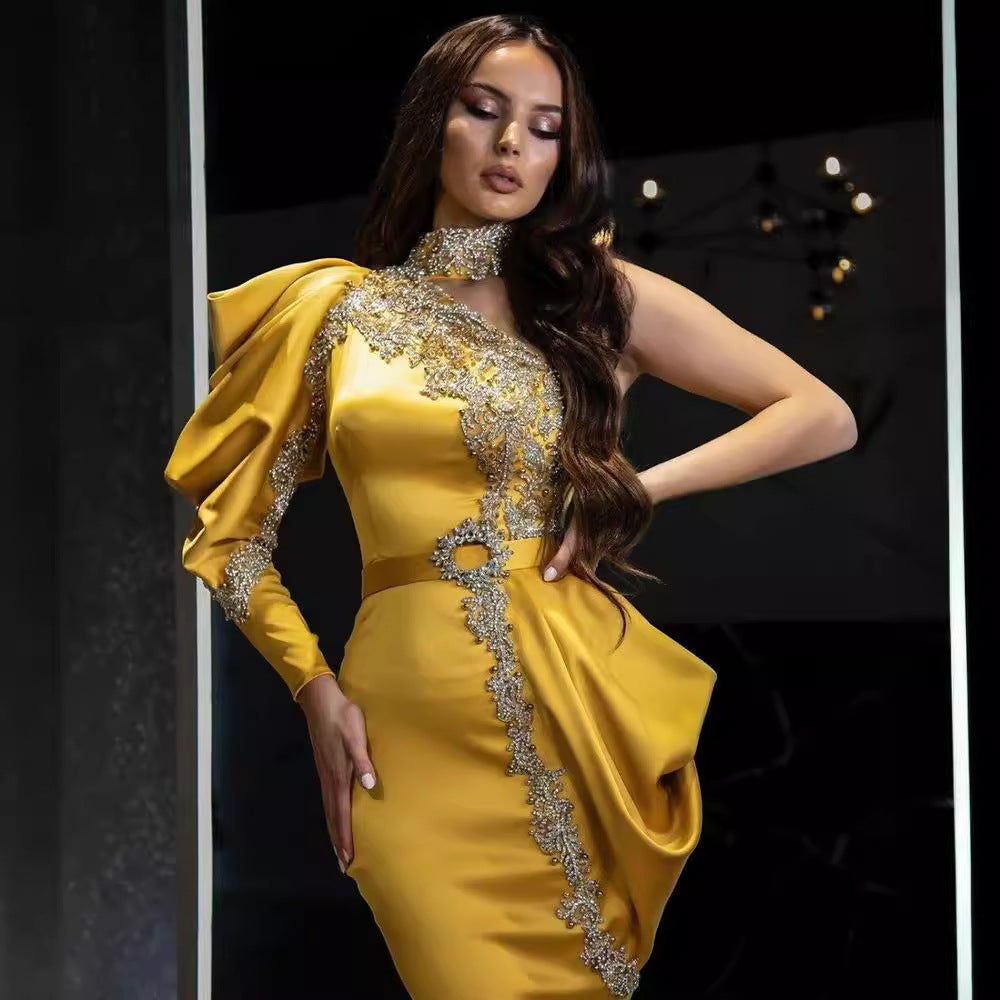 Women Clothing Evening Dress Gold High Collar Dress Cocktail Dress