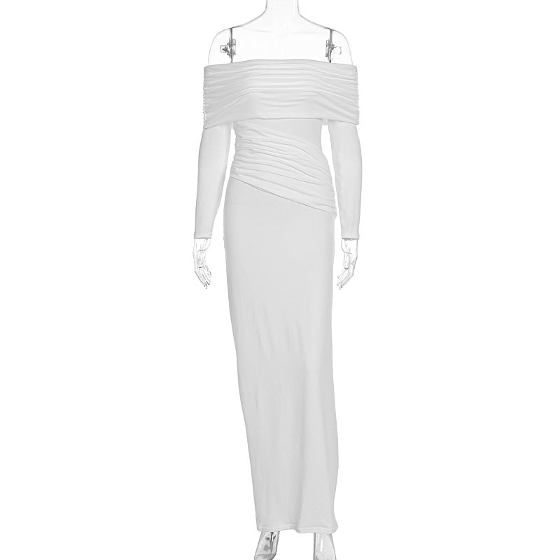 Women Dress Autumn off Shoulder Long Sleeve Pleated Dress