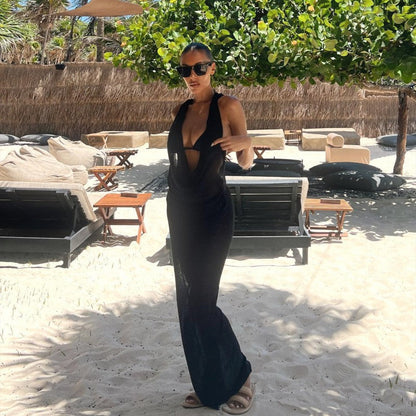 Summer Solid Color Sleeveless Hooded Swing Collar Sexy Slim Maxi Dress