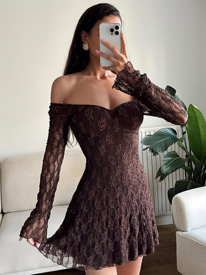 Women Clothing Autumn Winter Women Dress Sexy Square-Neck Lace Long Sleeve Slim Fit Sheath Dress Women