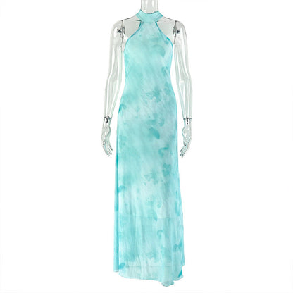 Women Clothing Slimming Slightly Transparent Holiday Casual A line Dress Halter Stand Collar Solid Color Maxi Dress