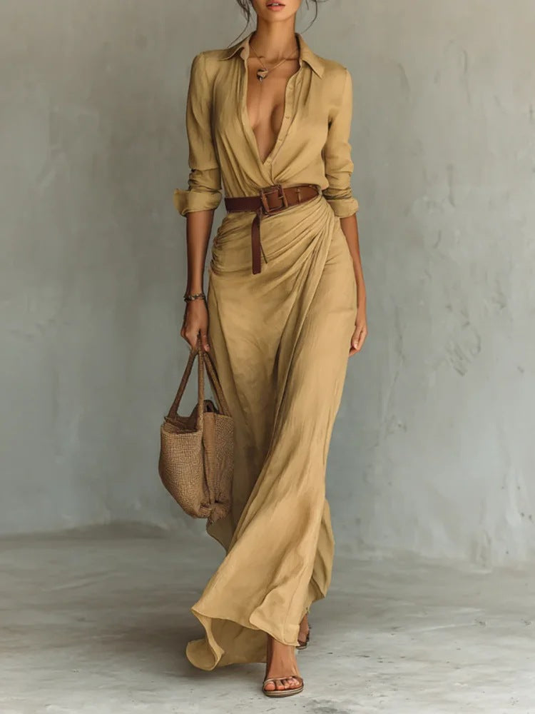 Women Clothing Autumn Elegant Graceful Sexy Solid Color Irregular Asymmetric Pleated Dress with Belt
