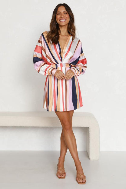 Autumn V neck Long Sleeve Color Striped Slim Dress for Women