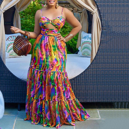 Summer Women Clothing Sexy Strap Dress Printed Sleeveless Backless Maxi Dress