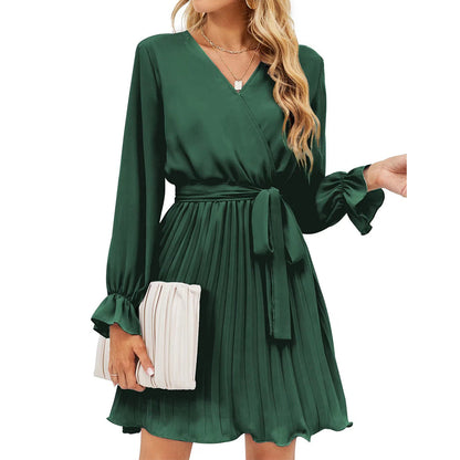 Women Wrap V neck Dress Casual Pleated Long Sleeve Mini Dress Wedding Guests