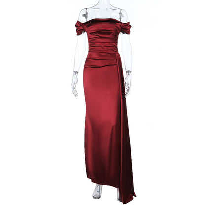 Off Shoulder Satin Dress for Women Autumn Sexy Split Dress