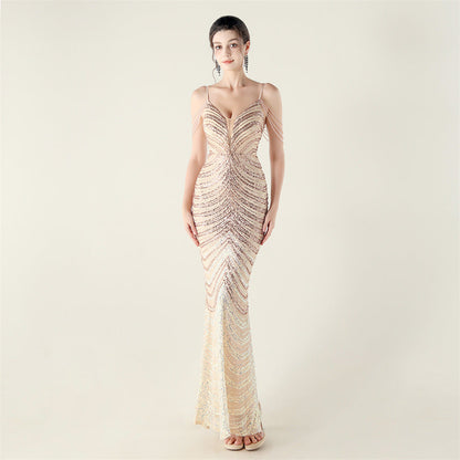 Deep V Plunge neck Wave Gradient Sequin Evening Dress Positioning Floral Cutting Craft Beaded Cocktail Battle Gown