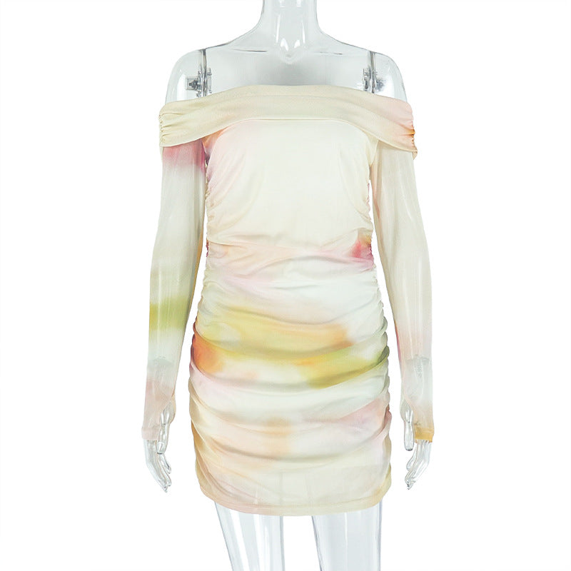 Women Clothing Printed Casual Pleated Hip Dress off Neck Tube Top Raglan Sleeve Slim Fit Short Dress