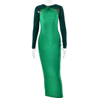 Spring Summer Sexy Tight Long Sleeved Patchwork Dress with Brick for Girls