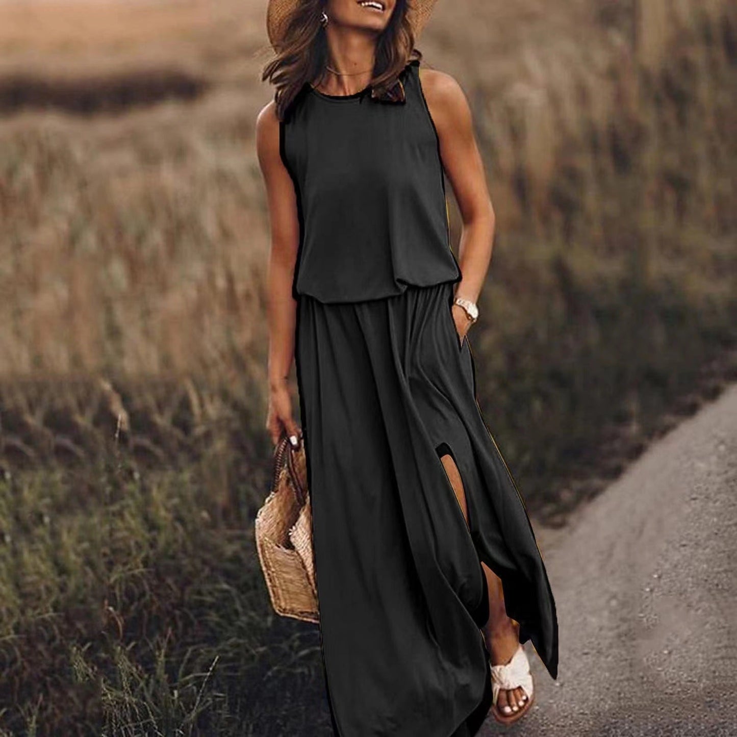 Summer Holiday Solid Color round Neck Sleeveless Suspender Lantern Fork Dress Maxi Dress