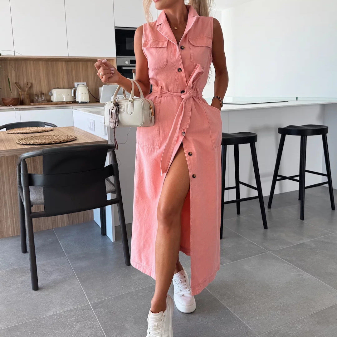 Women Sleeveless Long Tie Waist Single Breasted Denim Dress