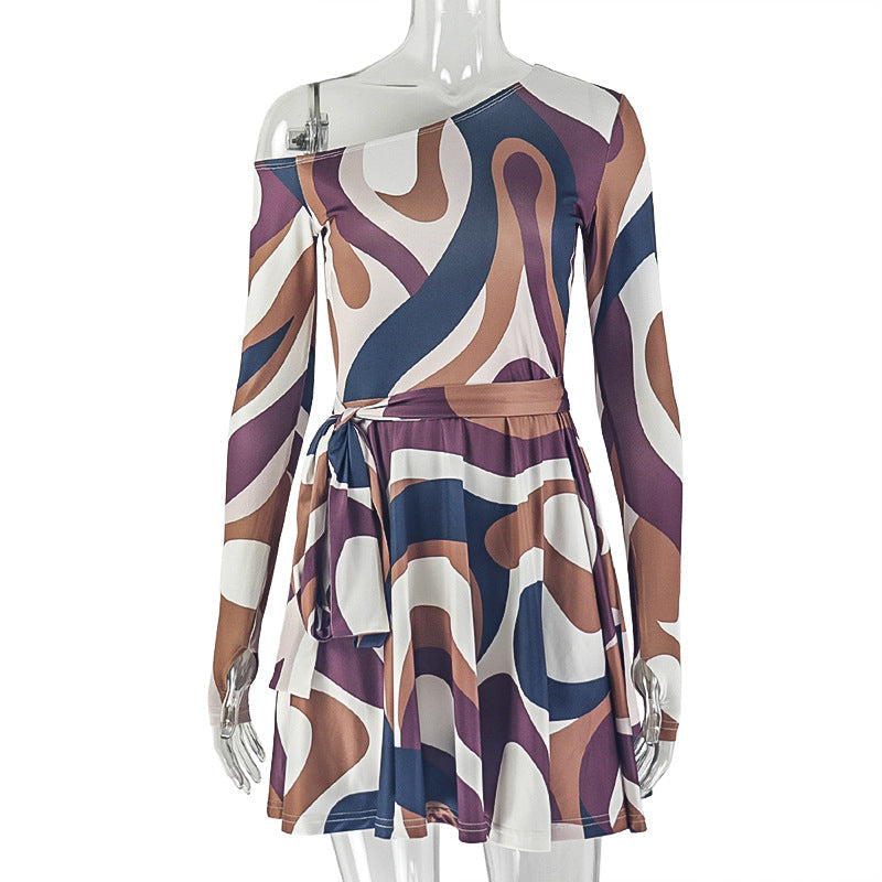 0Women Clothing Printed Elegant Light A line Dress Raglan Long Sleeve Tube Top off Neck Short Dress